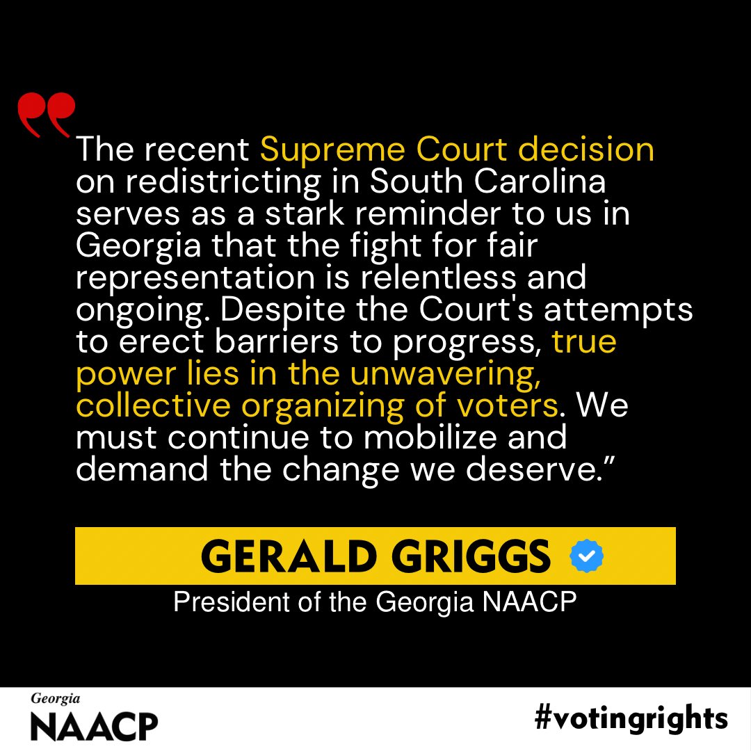 In light of the recent Supreme Court decision against the South Carolina State Conference of NAACP, we stand in solidarity with South Carolina. We in Georgia also remain resolute to organize, strategize, mobilize, fight and win. #Movingforward. #NAACP #GeorgiaNAACP #gapol