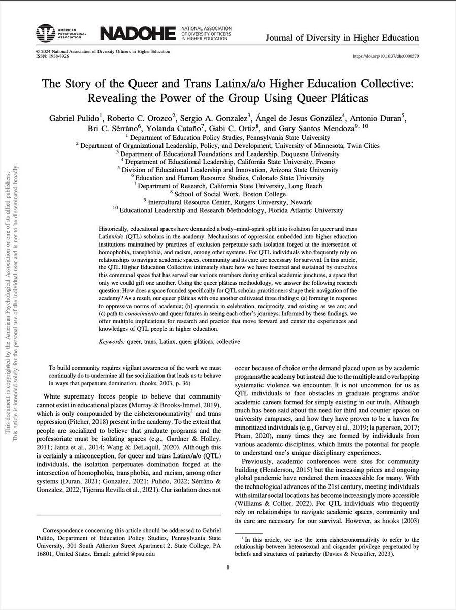 🚨New Pub Alert🚨
Check out this co-authored piece, The Story of the Queer and Trans Latinx/a/o Higher Education Collective: Revealing the Power of the Group Using Queer Pláticas, led by Dr. <a href="/DrGabrielPulido/">GP</a>! S/O to <a href="/JDHEtweets/">Journal of Diversity in Higher Education</a> for uplifting this work!🏳️‍⚧️🏳️‍🌈
psycnet.apa.org/doiLanding?doi…