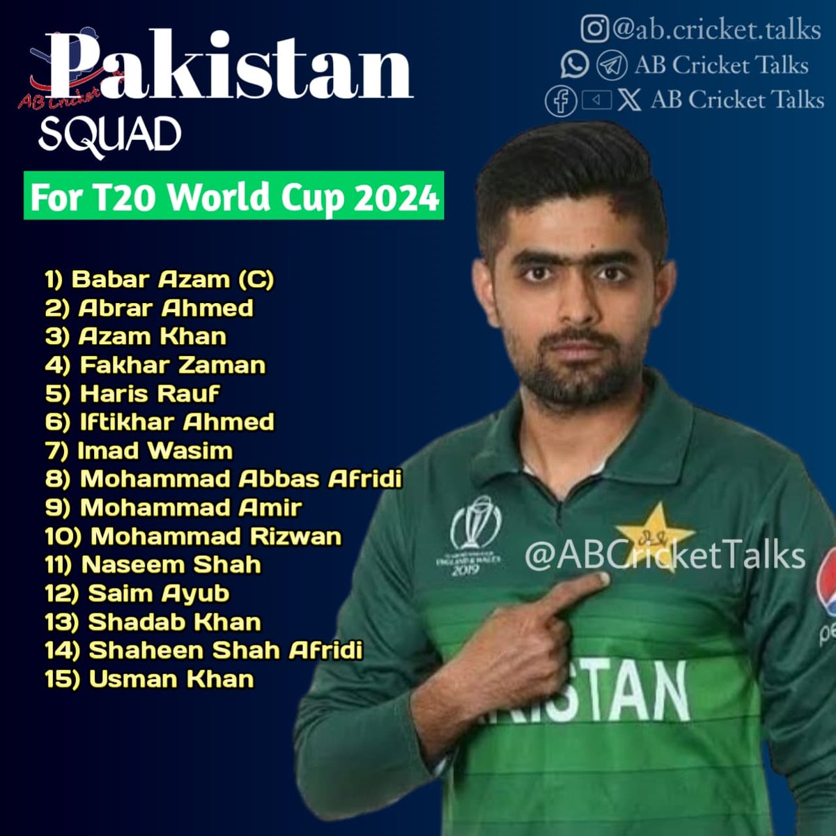 Here is the squad of Pakistan Team for the Upcomming World Cup......

#ABCricketTalks #CricketTalksWithArpit 

#T20WorldCup #Pakistan #TrumpInTheBronx #ThinkDeeply #GalaxyZFlip5 #Pakistan