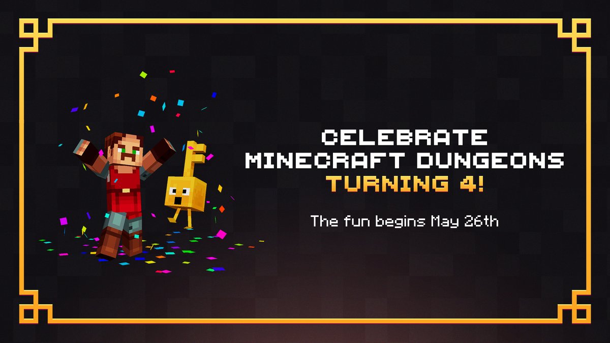 Join us in celebrating the 4-year anniversary of Minecraft Dungeons starting May 26th! We'll celebrate the community with: ⚔️ Twitch-hosted creator streams ⚔️ An exciting Minecraft Dungeons sweepstake ⚔️ An employee-hosted Discord event Stay tuned!