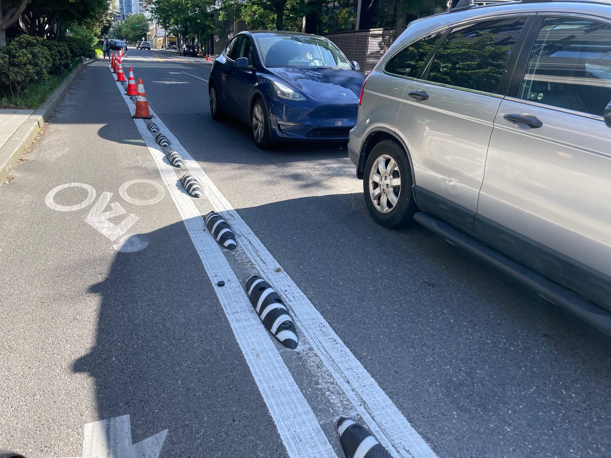 timwill_is's tweet image. New bike lane bollards that look like extreme, elongated turtles spotted at 9th and Mercer. Any info? @seattledot @seabikeblog