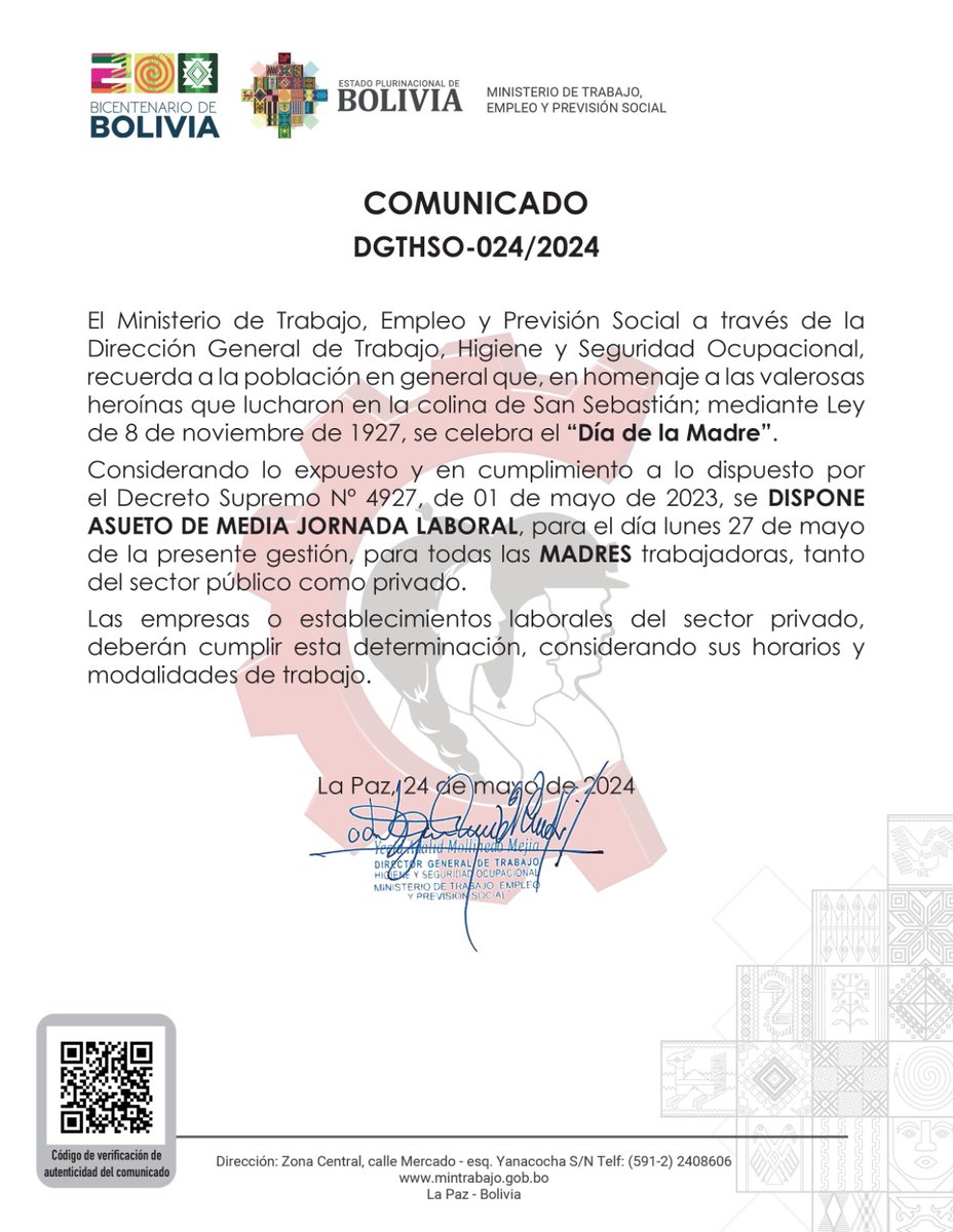 #Comunicado | El Ministerio de Trabajo dispone #Asueto de media jornada laboral, para el día lunes 27 de mayo, para todas las #MadresTrabajadoras del sector público y privado. #UnidosRumboAlBicentenario