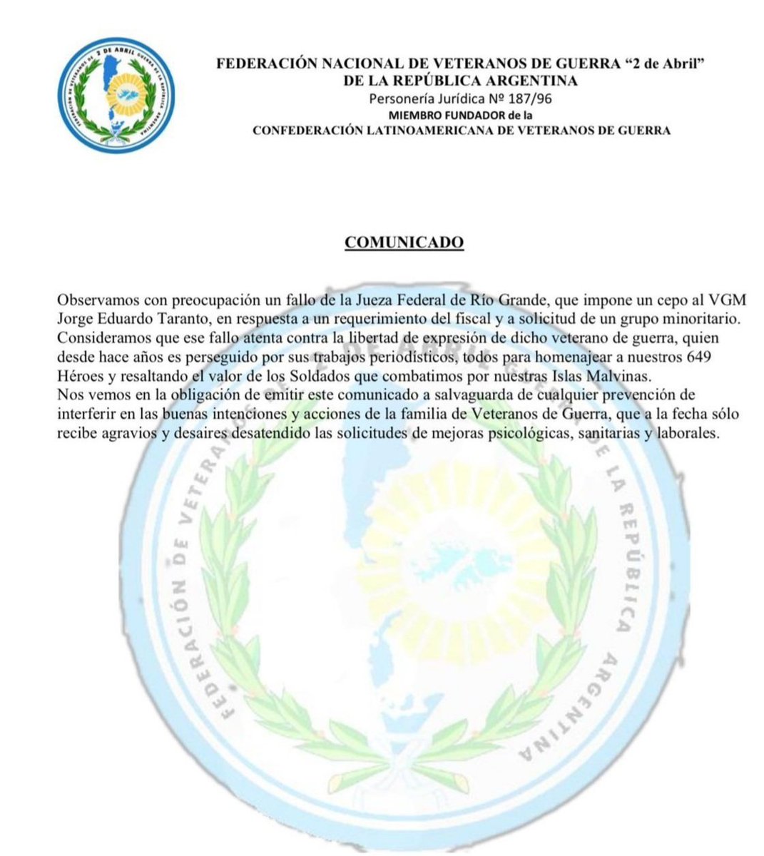Jorge Taranto es víctima del feroz ataque de estos corruptos. No pudieron silenciarlo con mentiras y causas armadas y ahora, un fiscal y una jueza, pretenden ponerle un bozal. Que la Federación Nacional de Veteranos de Guerra de la Argentina expresé su preocupación, nos demuestra