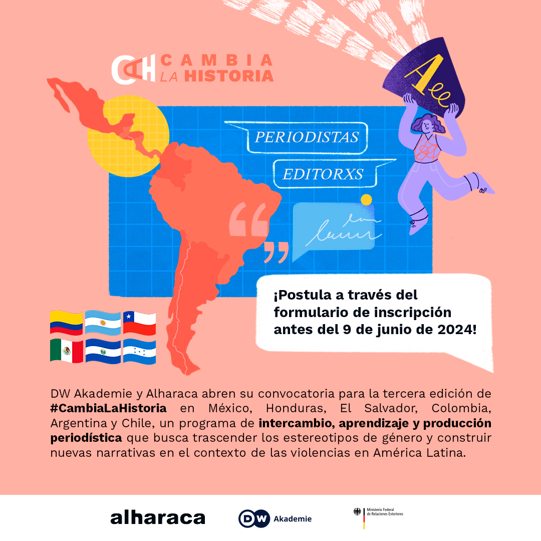 👁️Ojo #periodistas de Honduras, El Salvador, México, Colombia, Argentina y Chile ¡ #CambiaLaHistoria apuesta por nuevas formas de narrar las violencias en #AméricaLatina! @DW_Akademie_es y @alharaca_sv te invitan a la 3ª edición.❗️Postula, fecha tope 9/6: cambialahistoria.info