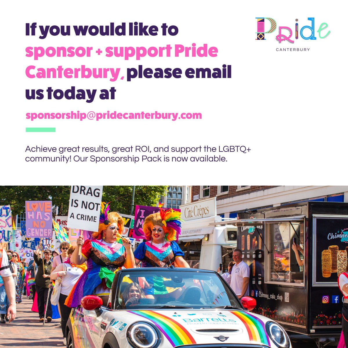 There's still time to support Pride Canterbury 🥰, if you can help, or know someone that can help, please email us at sponsorship@pridecanterbury.com ❤️ 🌈