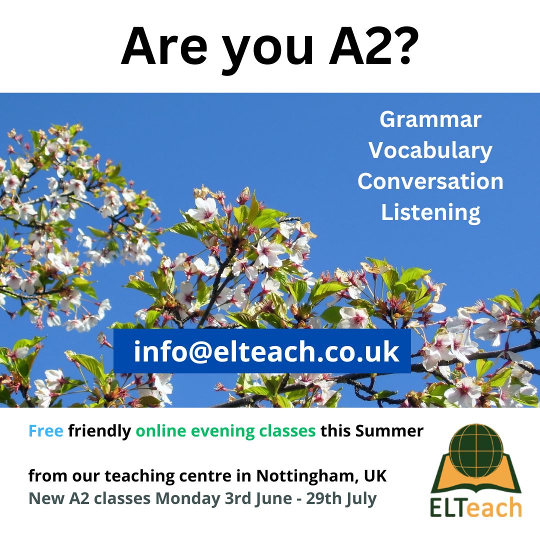 ELTeach (@elteach4) on Twitter photo This Summer, why not join our free online lessons with ELTeach? Our centre is based in Nottingham, UK. We have new A2 classes beginning on Monday June 3rd (from 17:30 UK time).
Please write to info@elteach.co.uk to receive the links or to ask about any of our classes A1-B2. This Summer, why not join our free online lessons with ELTeach? Our centre is based in Nottingham, UK. We have new A2 classes beginning on Monday June 3rd (from 17:30 UK time).
Please write to info@elteach.co.uk to receive the links or to ask about any of our classes A1-B2.