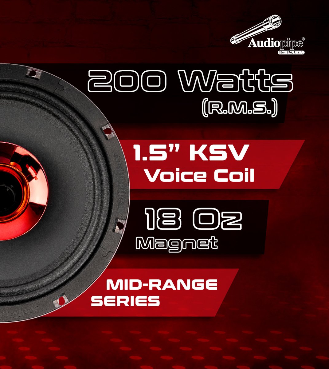 new APMB-828GH-RED! 🥵

-200W RMS power 💪🏻
-1.5” KSV voice coil
-Sleek flat steel basket
-Mid-range speakers

Check them out at audiopipe.com 😤

#LOUDANDCLEAR #AUDIOPIPE #EyeCandySeries #CarAudio #caraudioaddicts #BassBoosted #getloud #Loudspeakers #loudmusic #shopping