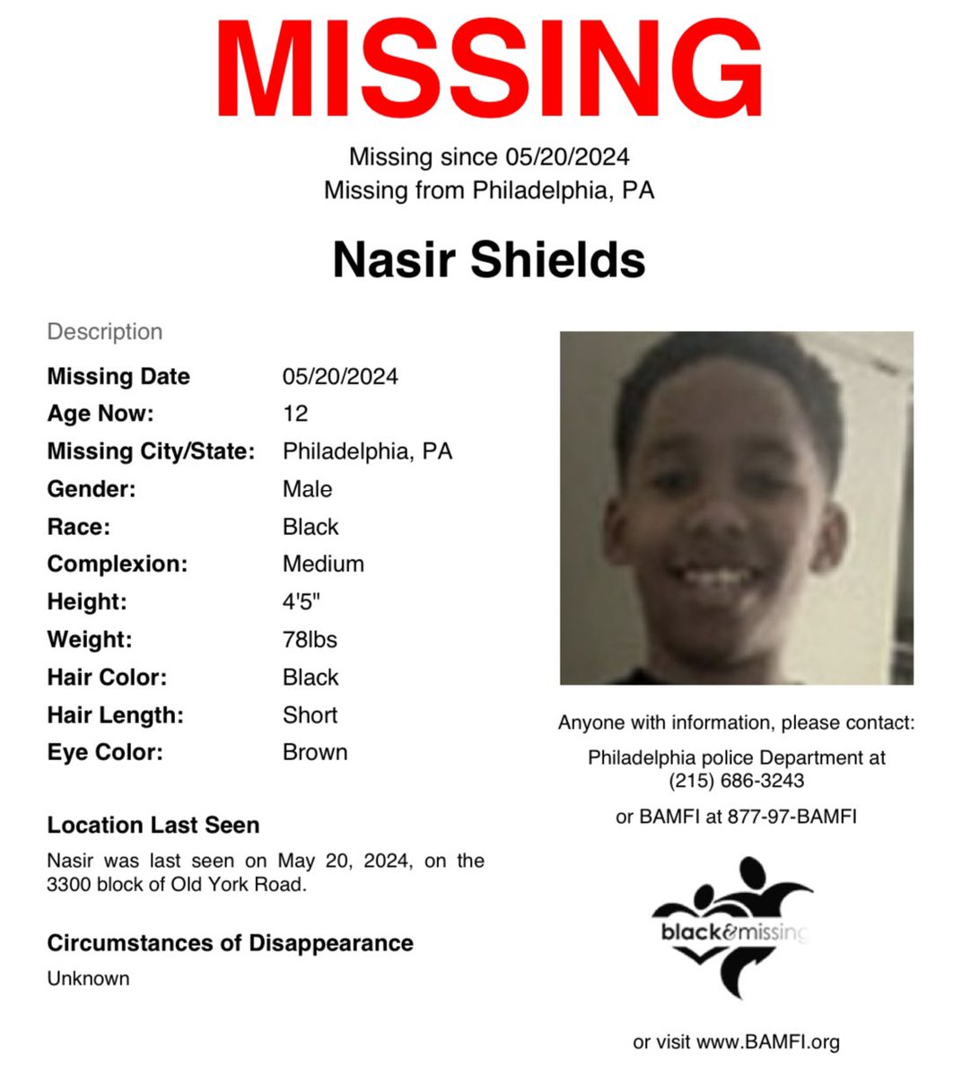 #Philadelphia, #PA: 12y/o Nasir Shields was last seen on May 20th on the 3300blk of Old York Rd wearing a black hoodie, black shirt, black shorts & black/red Jordans. #HelpUsFindNasirShields #NasirShields
