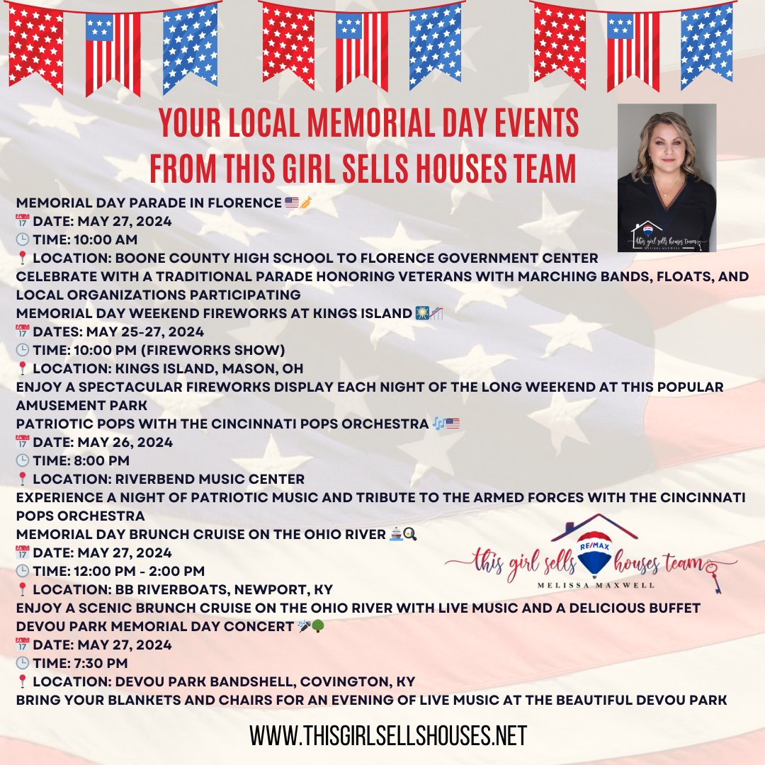 Memorial Day Events in the Tri-State Area 🗽🎉
Hey everyone! Looking for something fun to do this Memorial Day weekend in the Tri-State area? Here are some exciting local events compiled by the This Girl Sells Houses team. Enjoy your weekend! 🎆🎉
#ThisGirlSellsOhioAndKY
#ReferUS