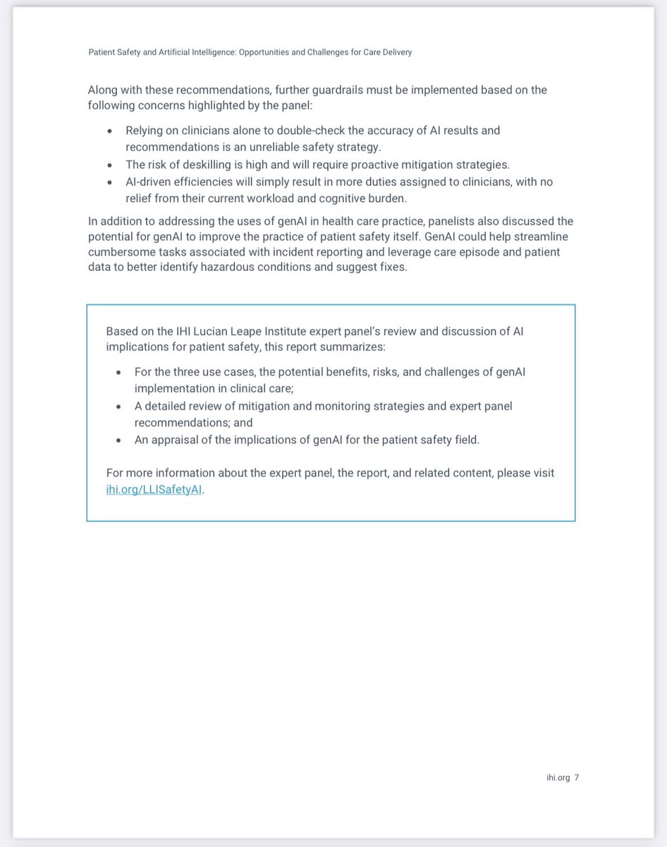 Patient Safety & AI 🔹Serve & safeguard pts 🔹Learn, engage, & listen to clinicians 🔹Evaluate & ensure AI efficacy & freedom from bias. 🔹Establish strict AI governance, oversight, & guidance 🔹Be intentional with the design, implementation, & evaluation ihi.org/sites/default/…