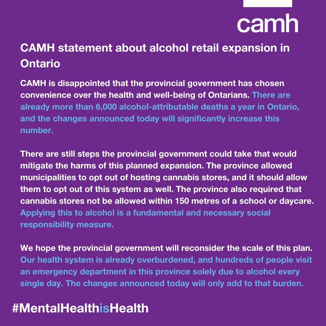 Read our statement in response to the announcement about #alcohol retail expansion in #Ontario. The full statement can be found here: camh.ca/en/camh-news-a…