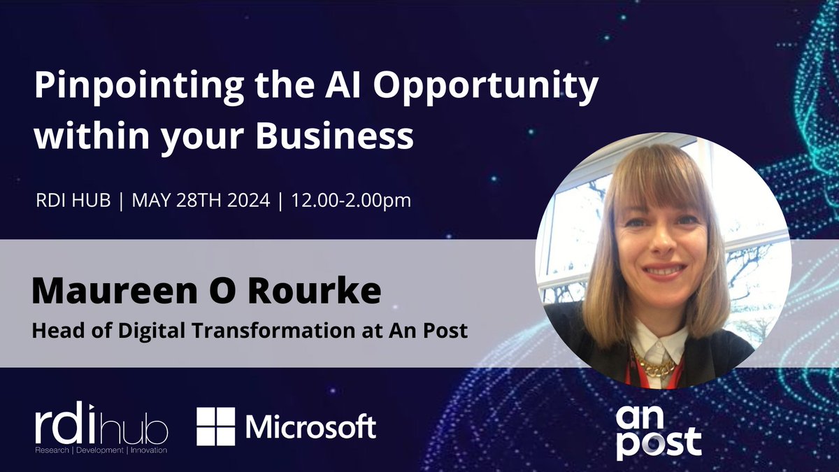 📢 New speaker added!
📅May 28th #AIMasterclass #No4
🤖Pinpointing the #AIOpportunity within your Business 

Maureen O'Rourke of <a href="/Postvox/">An Post</a> will discuss her use case at our hybrid session. 

Free to attend👇 
In-person bit.ly/4bgt7r3
Virtual - bit.ly/4bQL7sj