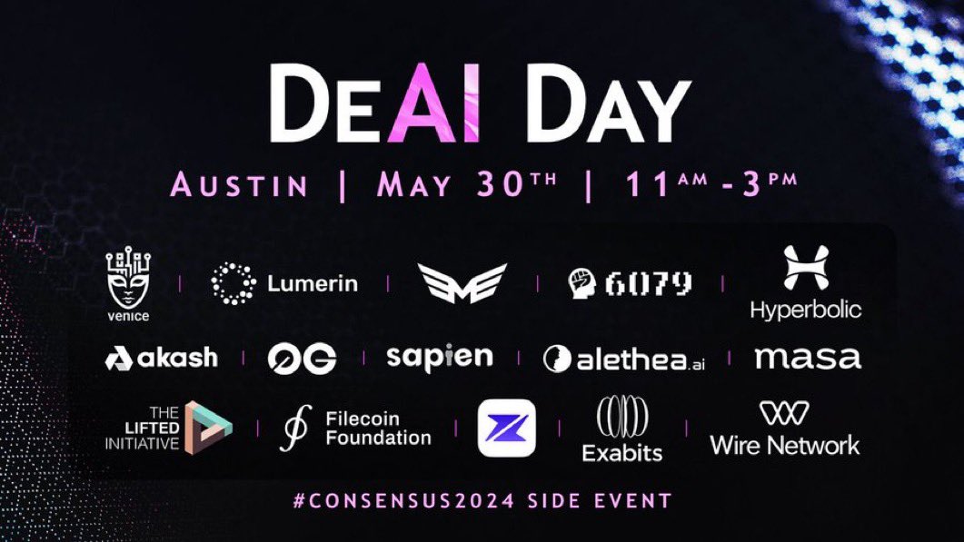 Join us as we  co-host the DeAI Day, a #Consensus2024 side event,  next Thursday in Austin. 

Registration is open: lu.ma/8xb9ny37
Presentations and discussions around Independent AI, open source systems, AI/Blockchain symbiosis, and more!