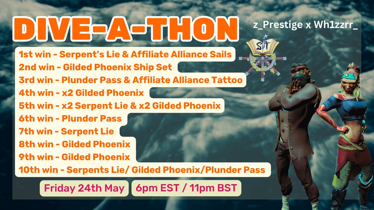 We'll be live tonight at 6PM EST with <a href="/wh1zzrr_/">Katie // Wh1zzrr_</a> for our first ever "Dive-a-thon!"

This is huge! 

We are raising money for <a href="/EveryoneCanUK/">Everyone Can</a> and also giving away Affiliate Alliance Sails as well as multiple sets of Serpent Lie Sails, Gilded Phoenix Ship Sets, and more!

Channel