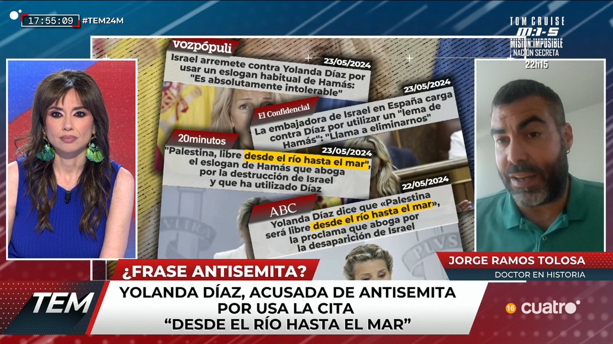 Yolanda Díaz, acusada de antisemita por usar la cita 'desde el río hasta el mar'. cuatro.com/en-directo/ #TEM24M