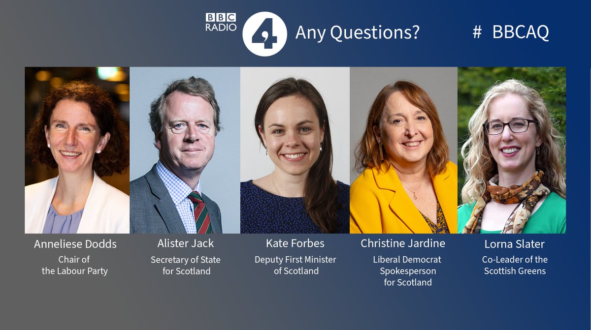 On tonight’s Any Questions, @AlexForsythBBC is joined at Gairloch Community Hall by Anneliese Dodds, Alister Jack, Kate Forbes, Christine Jardine and Lorna Slater. #BBCAQ Listen 8pm Friday / 1.10pm Saturday on @BBCRadio4 on on demand on @BBCSounds.