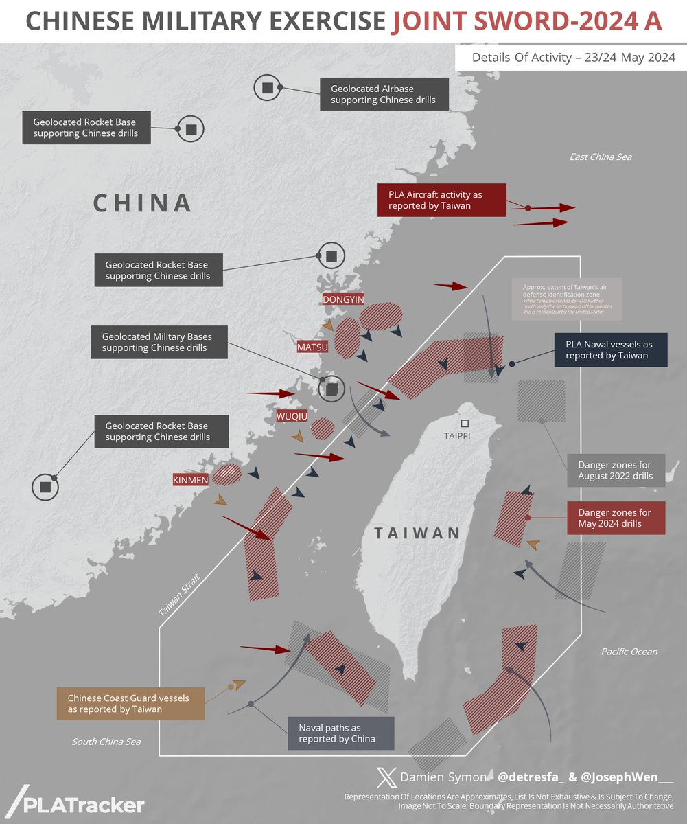 JOINT SWORD-2024 A - Visual showing deployments made by China surrounding Taiwan during its 'punishment' drills putting pressure on the self ruled island & its newly elected leadership, it also aimed at denying foreign ships access to the region @JosephWen___ @PLATracker