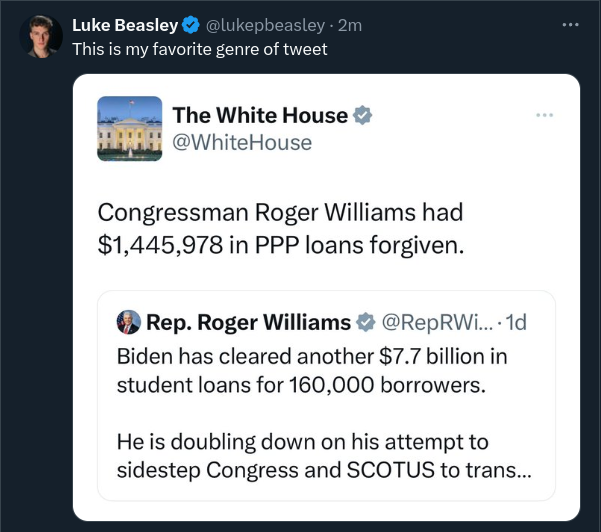 OhmsLaw78's tweet image. They're still crying about student loans.
#RogerWilliams #PPPloans #CARESact #PayrollCosts #Texas #PresidentBiden #StudentLoans #Republicans #Covid19 #CovidAidRelief #businessloan