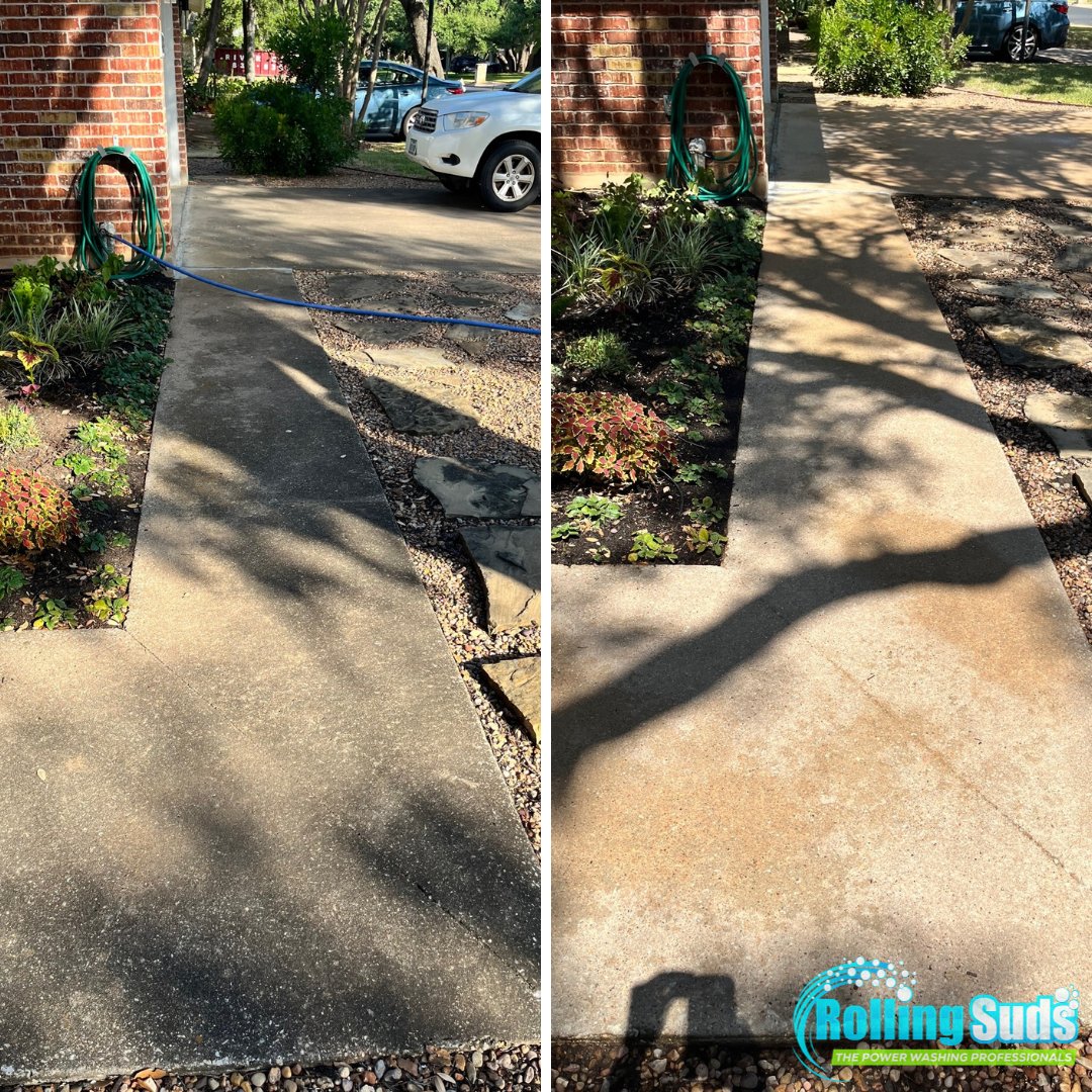 Whether your sidewalk is comprised of concrete, brick, stone, or any other material, Rolling Suds will provide the sidewalk cleaning services needed to create a cleaner, brighter path for your visitors. #RollingSuds #BeforeAfter #PowerWashing #CranberryPA #McKnightPA