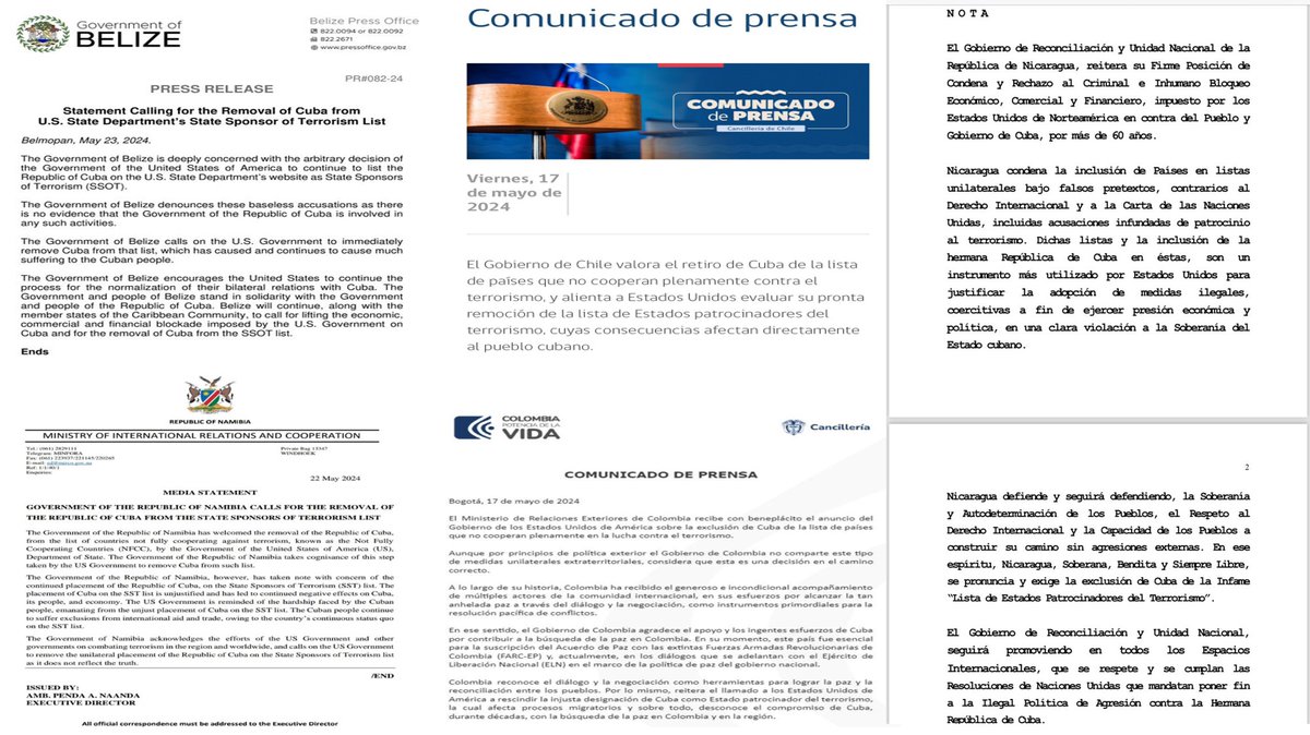 Agradecemos los pronunciamientos de los gobiernos de Belice, Chile, Nicaragua, Namibia y Colombia que instan al gobierno de EEUU a excluir a #Cuba de la lista de supuestos Estados patrocinadores del terrorismo. #NoAlTerrorismo