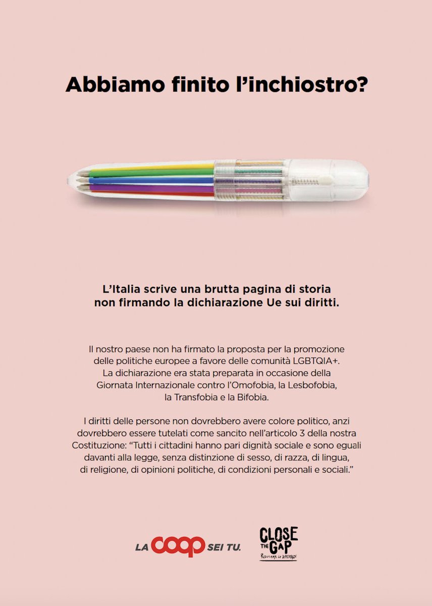 Oggi l'Italia ha scritto una brutta pagina della sua storia, rifiutandosi di aderire alle politiche europee a favore delle comunità LGBTQIA+. Noi di Coop pensiamo che i diritti di TUTTE le persone dovrebbero essere tutelati, come sancito anche dalla nostra Costituzione.