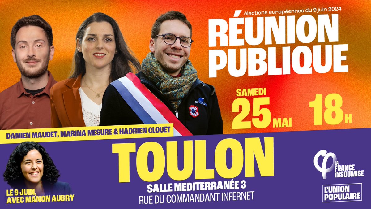 Réunion publique demain à #Toulon
18h à la maison de la Mediterannee!
Venez nombreux nous donner #laforcedetoutchanger 
Avec nos députés @damienmaudt @MarinaMesure @HadrienClouet