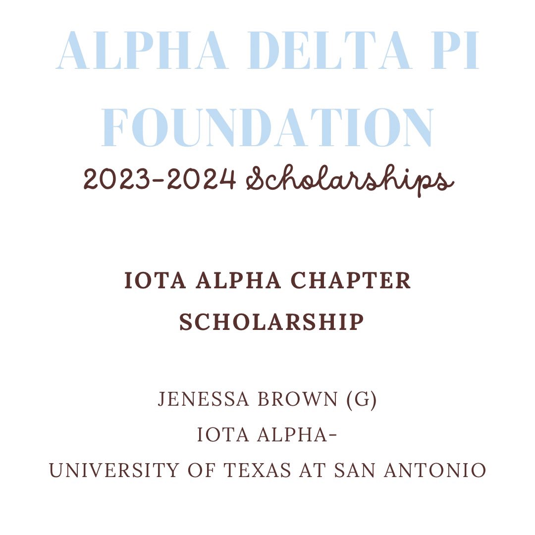 The Alpha Delta Pi Foundation awards 150 academic scholarships each year with a total of more than $300,000 in scholarships. This week we highlight UTSA scholarship recipient. The Iota Alpha Chapter Scholarship was awarded to Jenessa Brown (Graduate). alphadeltapi.org/foundation/sch…