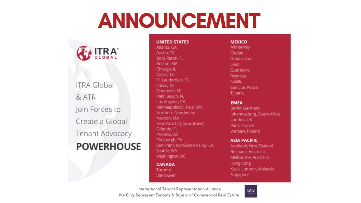 CapRealtyInc's tweet photo. ANNOUNCING - ITRA Global and Alliance of Tenant Representatives (ATR) have merged to form one of the world’s largest and most influential organizations providing representation to tenants and occupiers of commercial real estate. Now with over 50 member firm locations worldwide. https://t.co/oUAGJF0YjB