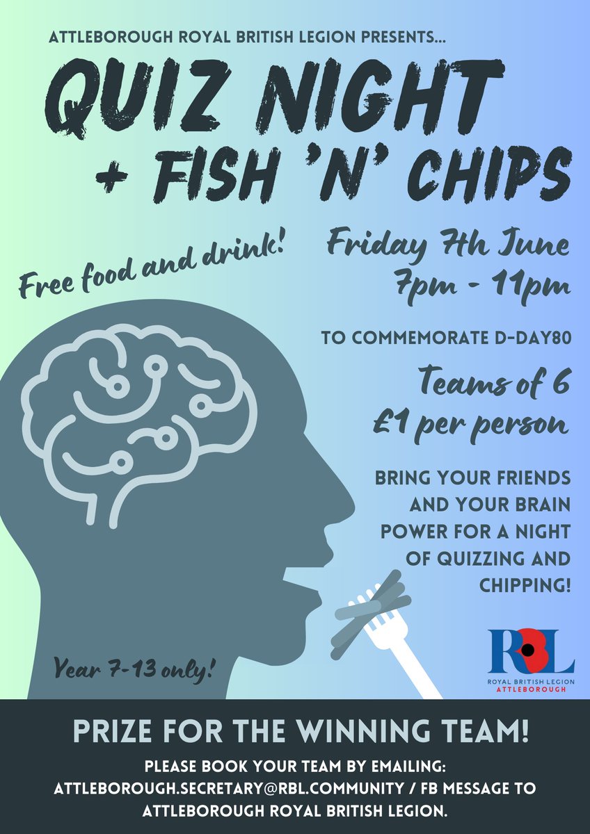 Attleborough Academy (@attleboroughan) on Twitter photo Get your quiz teams together! We are hosting a Quiz and Chips evening for Attleborough Royal British Legion to commemorate Day80 which. The quiz will be held on Friday 7th of June. Teams of 6; £1 per person.
To book your team, contact
attleborough.secretary@rbl.community Get your quiz teams together! We are hosting a Quiz and Chips evening for Attleborough Royal British Legion to commemorate Day80 which. The quiz will be held on Friday 7th of June. Teams of 6; £1 per person.
To book your team, contact
attleborough.secretary@rbl.community