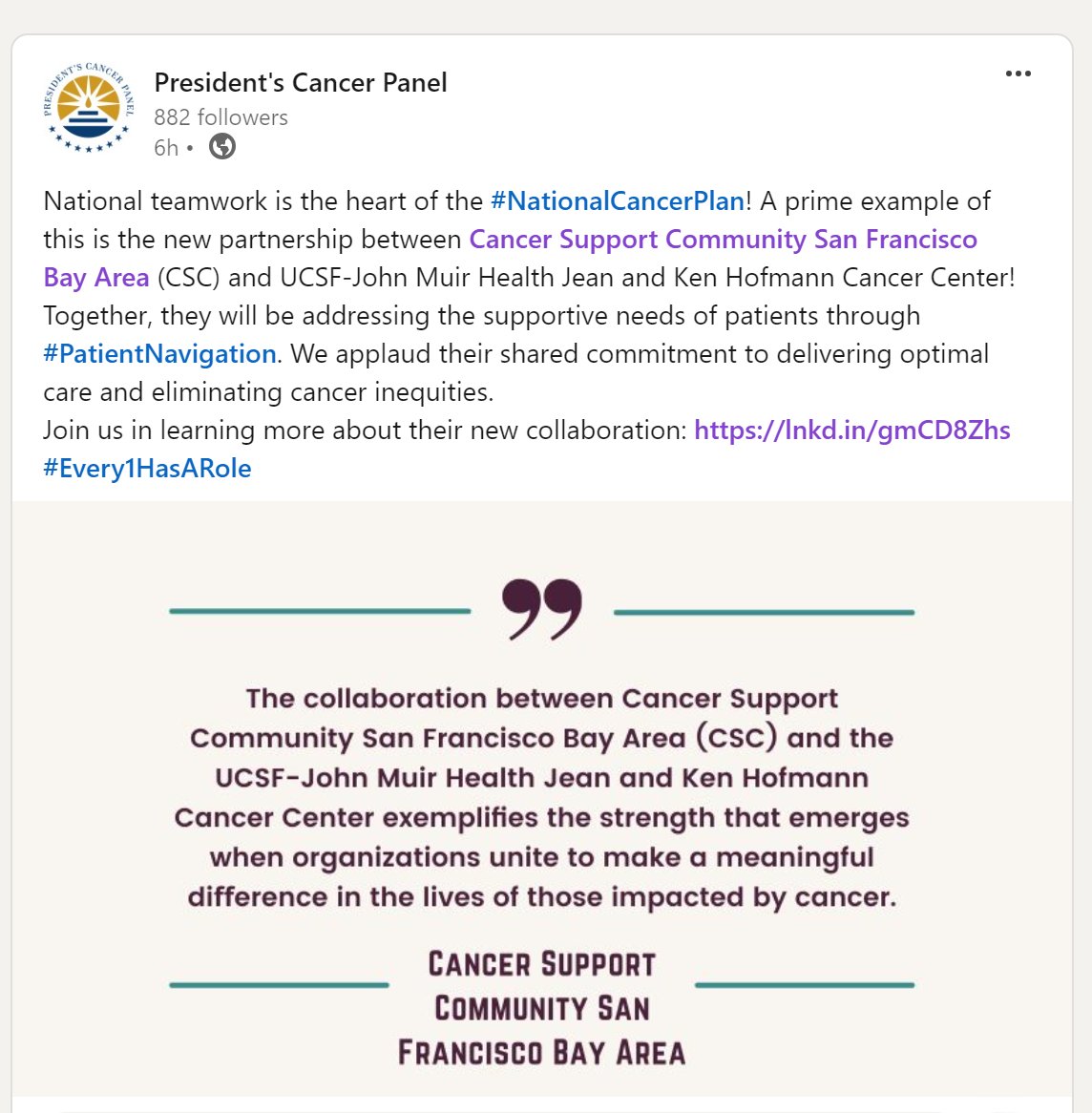 The <a href="/PresCancerPanel/">President's Cancer Panel</a>  gave a great shout-out to our collaboration with UCSF-John Muir Health! Thanks for recognizing this important partnership. cancersupport.net/csc-at-ucsf-jm…
