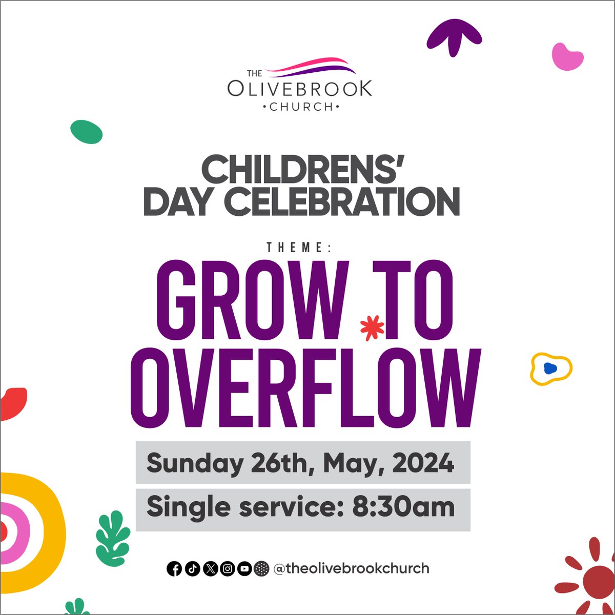 We can't imagine a world without children. Join us this Sunday, 26th may 2024 as we celebrate our younger ones. Grow to overflow. #Theolivebrookchurch #Childernday #growtooverflow #welovechildren #childrenaroundtheworld #littleone