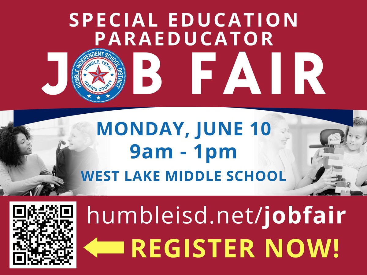 Do you want to earn at least $15/hr next year? Join us at West Lake Middle School for the @HumbleISD Special Education Para Job Fair. We're seeking enthusiastic individuals to make a difference! Pre-register:fs20.formsite.com/humblehr/llsyc…. #HumbleISDFamily #NowHiring #bethelight