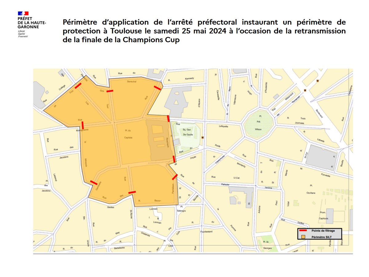 ℹ️🏉 Match @leinsterrugby 🆚@StadeToulousain Retransmission à Toulouse de la finale de la Champions Cup : mesures de sécurité applicables le 25 mai de 11h00 à 19h00 Dans le périmètre de protection (voir carte) le 25 mai, de 11h à 19h00, sont interdits : ❌ tout rassemblements