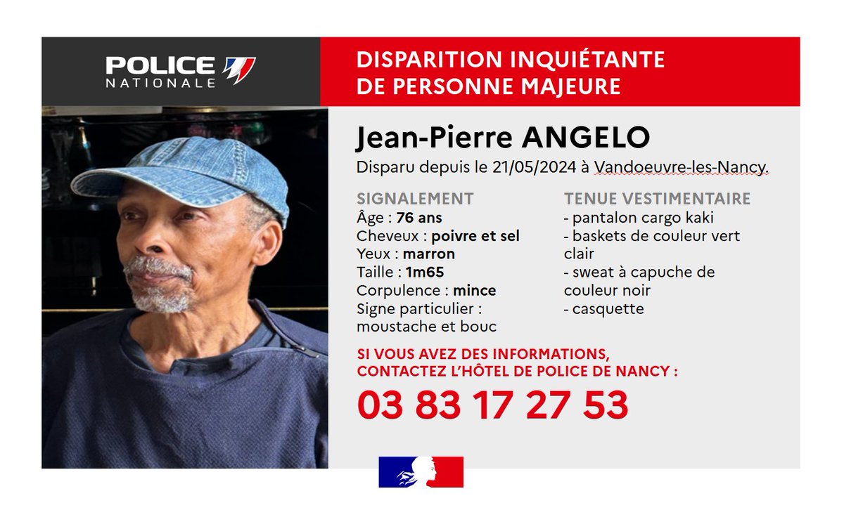 [#DisparitionInquiétante] 🔁 Merci de vos RT afin d'aider les enquêteurs de la police nationale de Meurthe-et-Moselle #Nancy