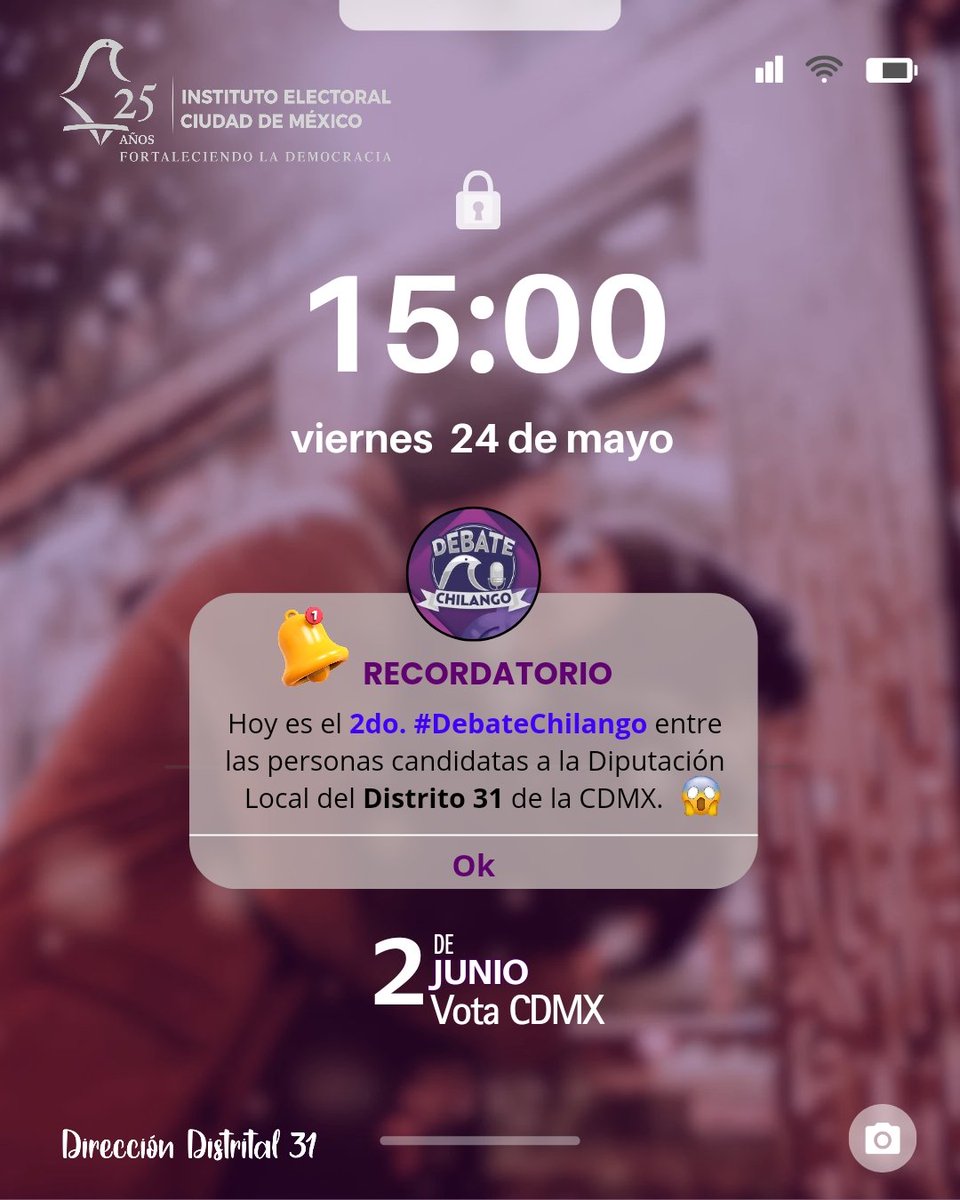 Distrito31IECM's tweet photo. 😱| ¡Es hoy, es hoy! 👫
El 𝐬𝐞𝐠𝐮𝐧𝐝𝐨 🎙 #DebateChilango, entre las personas candidatas a Diputación Localdel #Distrito31 👥️
🤳 Sigue la transmisión ⛔️ https://t.co/LZYls0fsJO
✍️ Este 2️⃣ de junio 🗳 #VotaCDMX #VotoInformado 🪪 #SomosDD31 💜 #LasEleccionesSonNuestras @iecm https://t.co/6I7d0GJ47Y