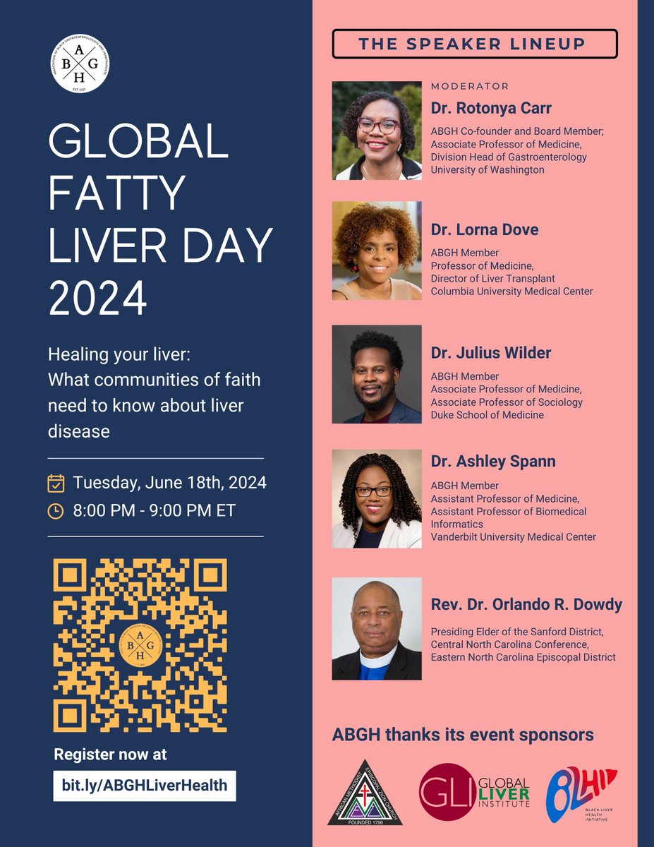 Join ABGH for a virtual discussion on promoting liver health in faith communities in recognition of Global Fatty Liver Day! When: June 18th 8pm EST/5pm PST. Where: Virtual 🔗 bit.ly/ABGHLiverHealth Don’t miss out! All are welcome! #blackingastro #livertwitter #liver