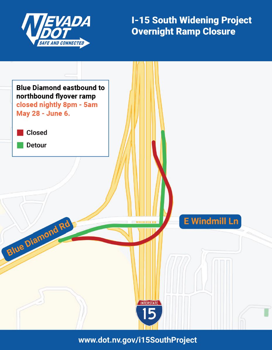 From Tuesday, May 28, to Thursday, June 6, nightly, from 8 p.m. to 5 a.m., the EB Blue Diamond Rd to NB I-15 flyover ramp will be closed. Drivers can use the left turn at the EB Blue Diamond Rd traffic signal to access NB I-15.🚧 More info here: dot.nv.gov/Home/Component…