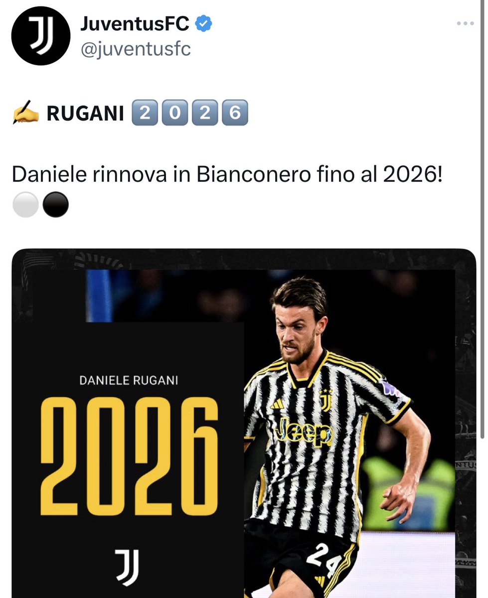 Now it’s official! Daniele #Rugani has extended his contract with #Juventus until 2026 (€2M/year) + option for 2027. No surprise here and confirmed since thw last September 28! #transfers