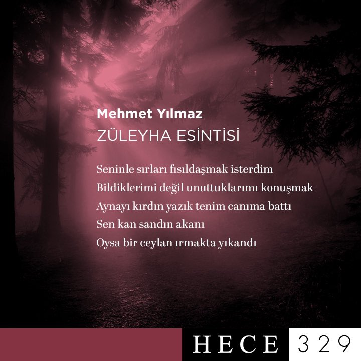🖍 Mehmet Yılmaz

🔴 “Züleyha Esintisi”  adlı şiiriyle

📍 Hece 329’da.