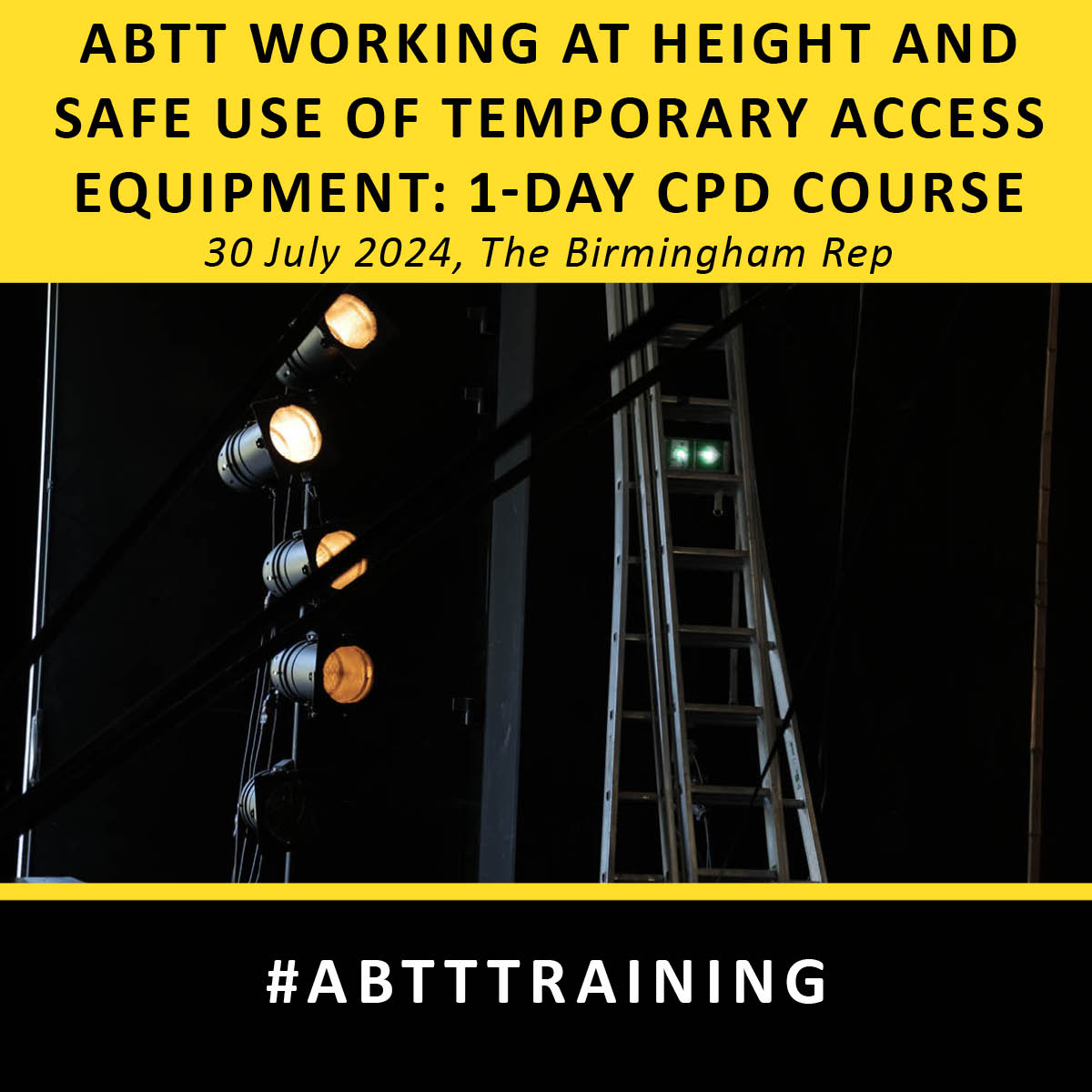 ONE-DAY CPD COURSE NOW BOOKING: ABTT Working at Height and Safe Use of Temporary Access Equipment. Birmingham Rep, 30 July 2024. Find out more and book here: abtt.org.uk/events/one-day… #ABTTTraining #Theatre #TheatreTechnician #Backstage