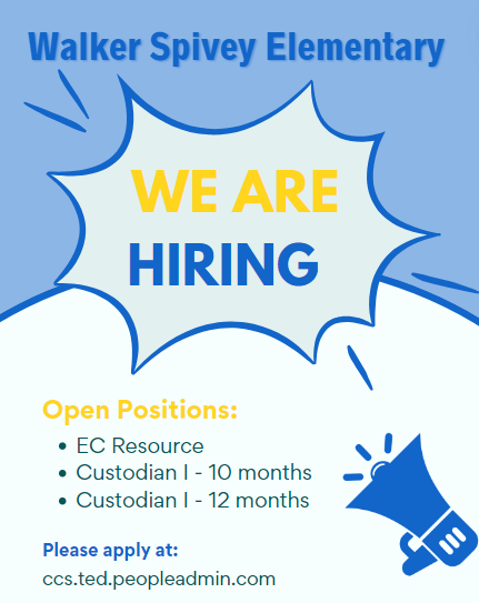 We are hiring for the 2024-2025 school year!
<a href="/Walker_SpiveyEl/">Walker Spivey Elementary School</a>
<a href="/CumberlandCoSch/">Cumberland County Schools</a>