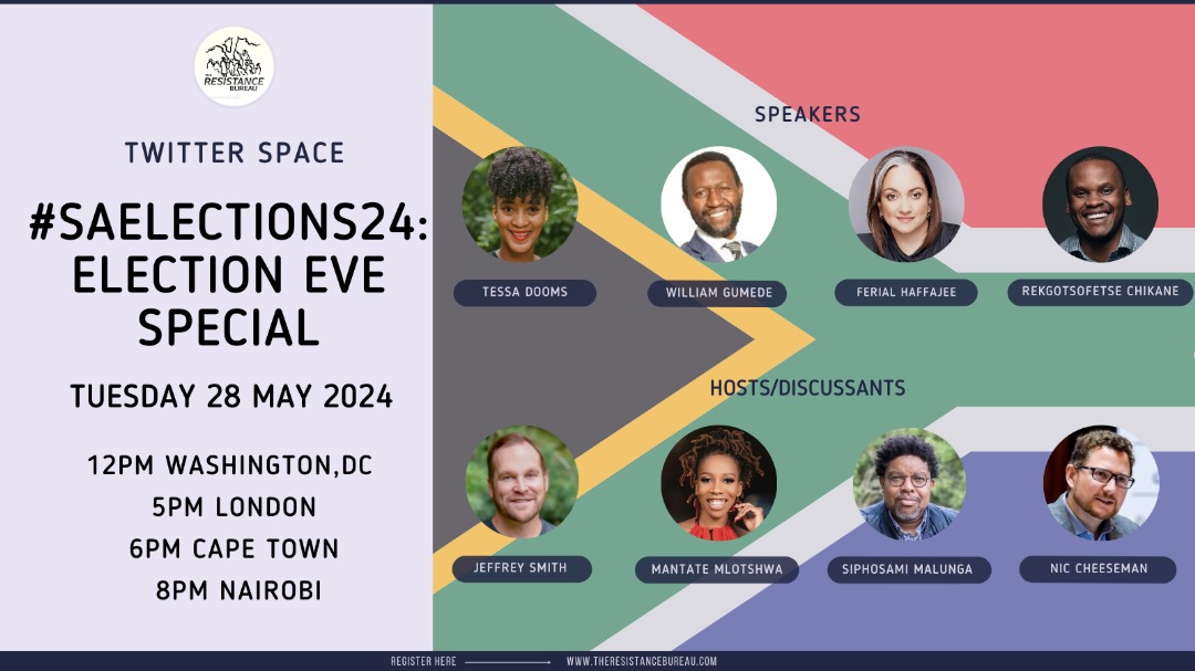 On election eve in #SouthAfrica, I'll be co-hosting this @ResistBureau Twitter Space featuring @Tessa_Dooms, @william_gumede, @ferialhaffajee, @WeAreSatisfied and @SiphoMalunga to break down all things #SAelections24. Join us by setting your reminder here: x.com/i/spaces/1yoKM…