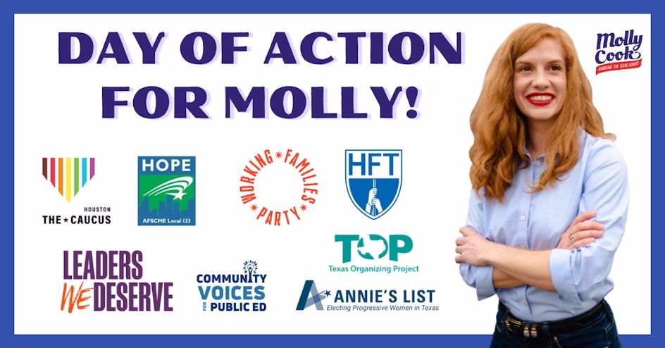 Join us for two last days of action for our endorsed candidates! @LASimmonsTX146 Saturday, May 25 from 10 AM - 4 PM Register here: secure.everyaction.com/YbV62bK8rUSxtm… @MollyforTexas Saturday, May 25 from 9 AM - 7:30 PM Register here: mobilize.us/mollyfortexas/…