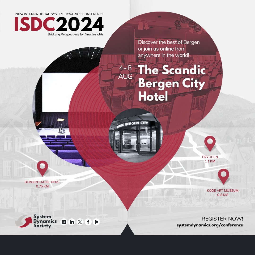 JOIN US IN BERGEN 🇳🇴 for the #ISDC2024! Experience a unique blend of professional growth and cultural delight. 💯 📅 August 4-8, 2024 📍 The Scandic Bergen City Hotel and online 🔗 Join the Conference: ow.ly/XNp350RErGt #SystemDynamics #systemsthinking