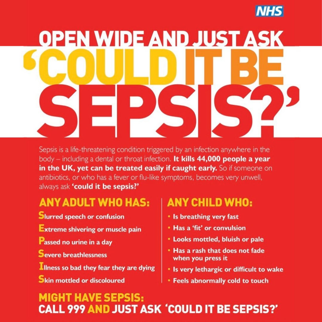 If you experience symptoms of sepsis such as high fever, rapid heart rate, difficulty breathing, or confusion, seek medical help immediately by calling 999 Early detection and prompt treatment can save lives For more information go to nhs.uk/conditions/sep… #Sepsis