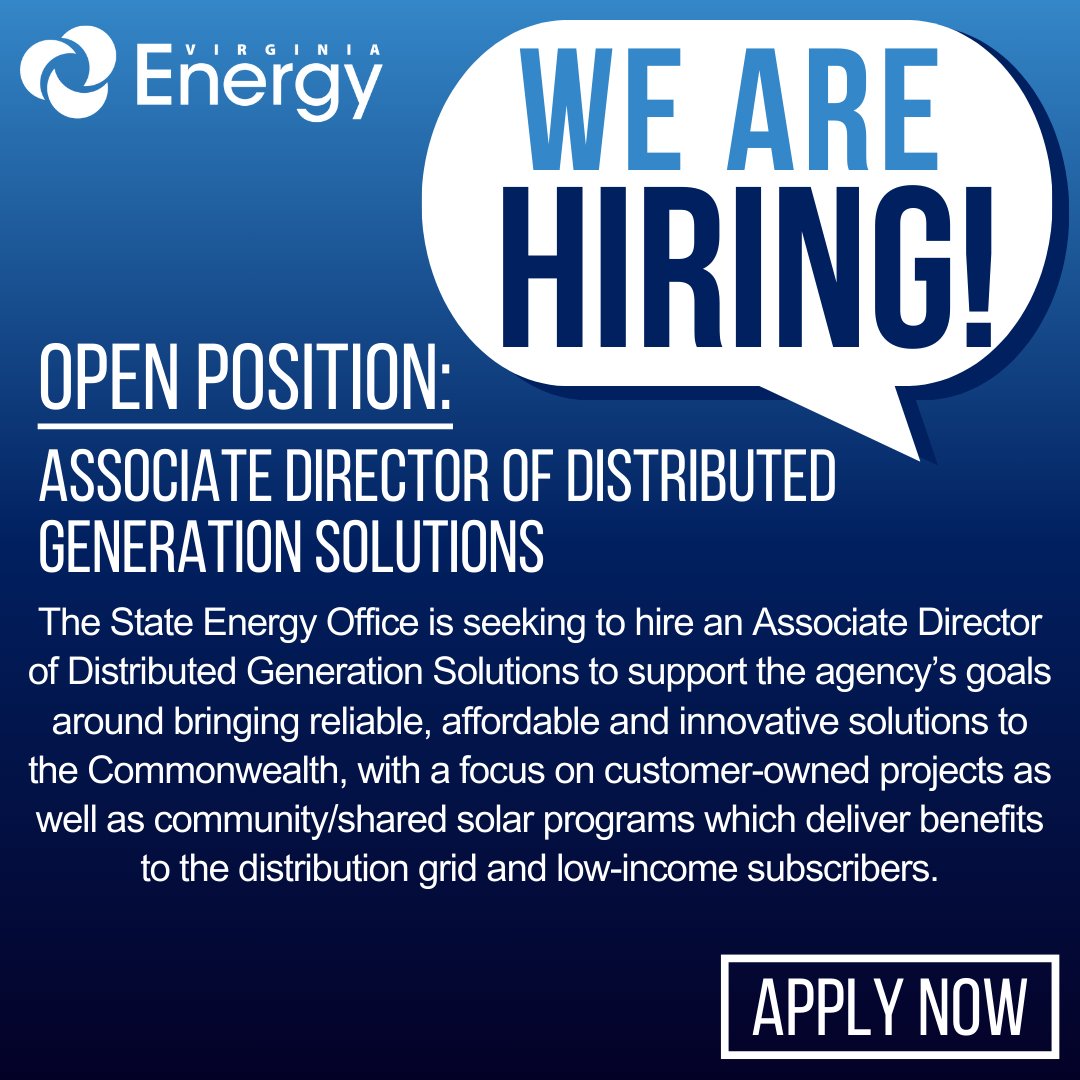 #VirginiaEnergy is #hiring an Associate Director of Distributed Generation Solutions! Be sure to apply by May 29th here: ow.ly/EL0350ROEuY