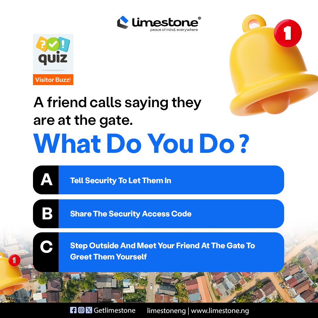 GetLimeStone's tweet image. Ready for a fun quiz?
It’s the weekend let us know how you receive visitors.
To learn more about limestone, click the link on our bio to visit our website.
#gatepass #accesscode #fintech #getlimestone #estatesecurity
Use VPN /No. Twitter