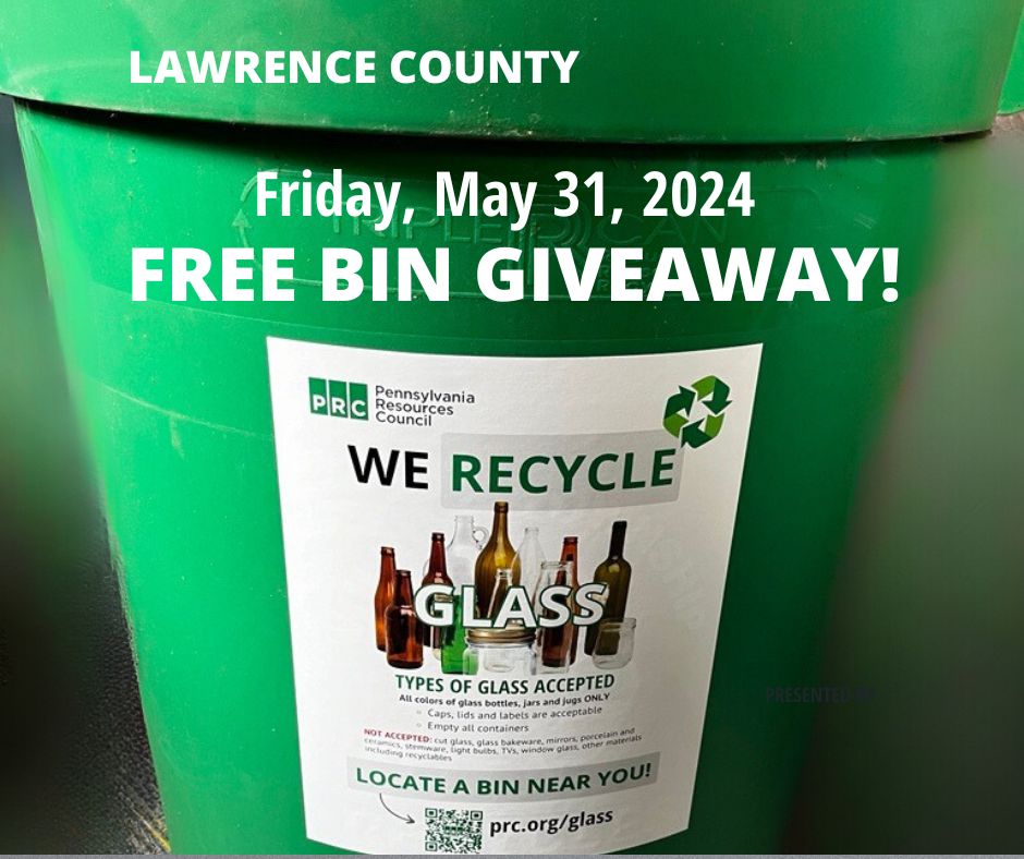 Next Friday PRC is hosting a #free recycling bin giveaway in New Castle. Drop off #glass for #recycling, pick up a green bin and meet with recycling experts May 31 from 11 am - 2 pm at Lawrence County Gov't Center. Learn about glass recycling: ow.ly/Q2bH50RRlQS