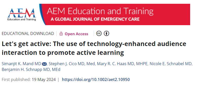 Univ. of Wisconsin Emergency Medicine (@uwemermed) on Twitter photo New in <a href="/AEM_ETOnline/">AEMETOnline</a> 📕 First author <a href="/UWEmerMed/">Univ. of Wisconsin Emergency Medicine</a> faculty Dr. Simanjit Mand with Dr. Benjamin Schnapp.
"Let's get active: The use of technology-enhanced audience interaction to promote active learning"
🔗 doi.org/10.1002/aet2.1… New in <a href="/AEM_ETOnline/">AEMETOnline</a> 📕 First author <a href="/UWEmerMed/">Univ. of Wisconsin Emergency Medicine</a> faculty Dr. Simanjit Mand with Dr. Benjamin Schnapp.
"Let's get active: The use of technology-enhanced audience interaction to promote active learning"
🔗 doi.org/10.1002/aet2.1…