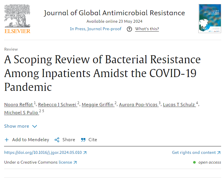 New in the Journal of Global Antimicrobial Resistance 📘 by @DrMichaelPulia's Emergency Care for #ID Lab, with work by Noora Reffat, @uwsmph Shapiro scholar: A Scoping Review of Bacterial Resistance Among Inpatients Amidst the COVID-19 Pandemic 🔗 doi.org/10.1016/j.jgar…